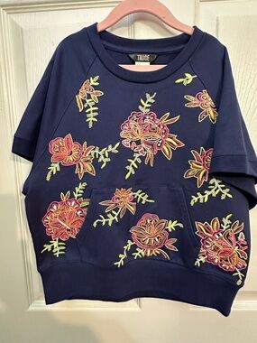 Truce Kids Navy Embroidered Floral Short Sleeve Sweatshirt